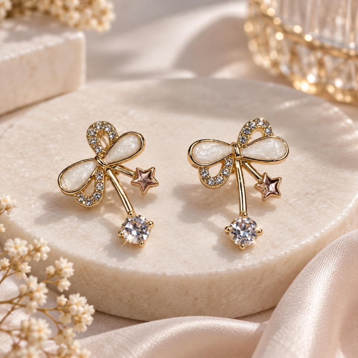 Gold Bow Star Drop Earrings for Women | Cute Crystal Dangle Earrings