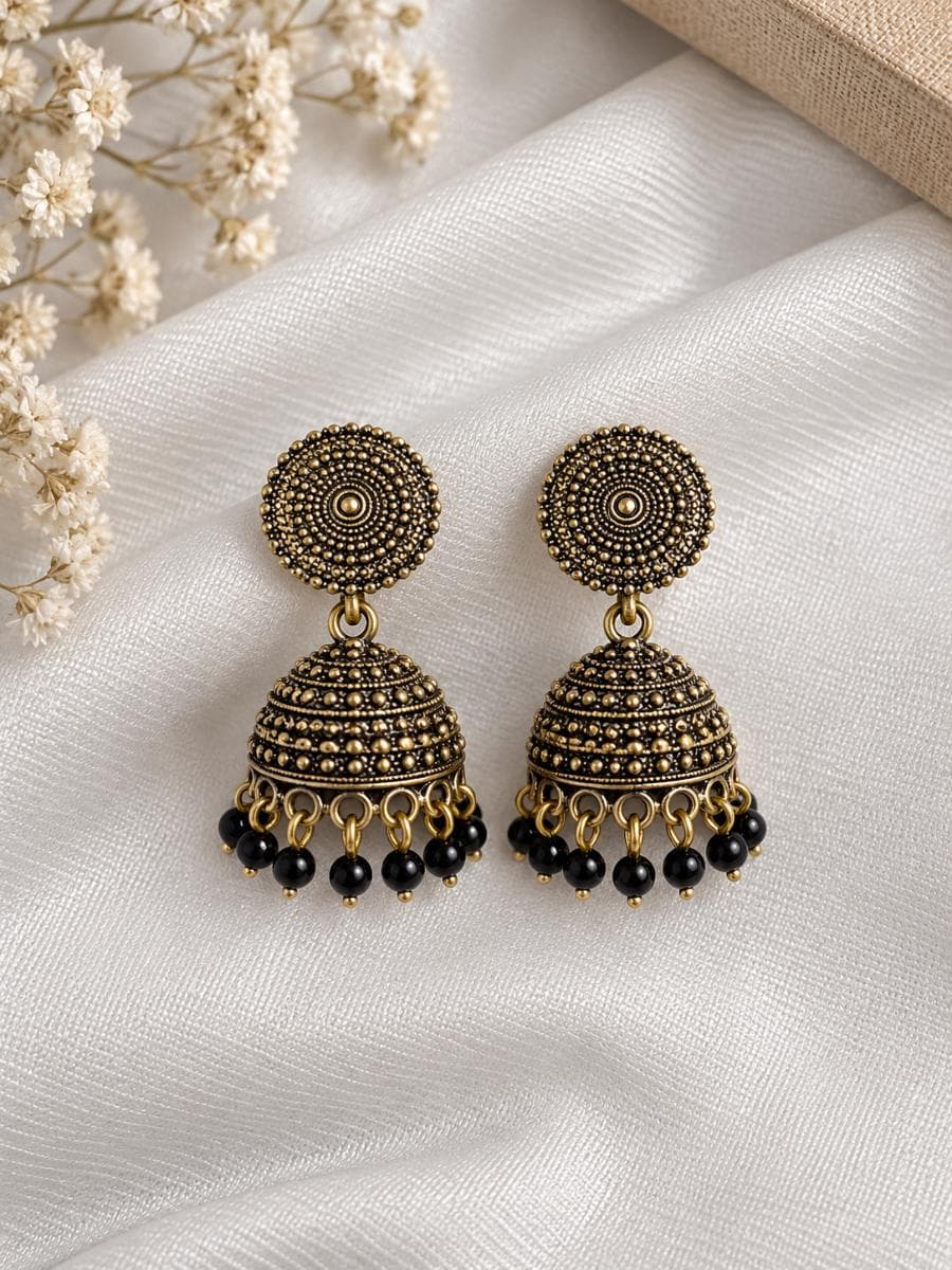 Antique Gold Oxidised Jhumka Earrings with Black Beads | Traditional Ethnic Jewellery for Women & Girls