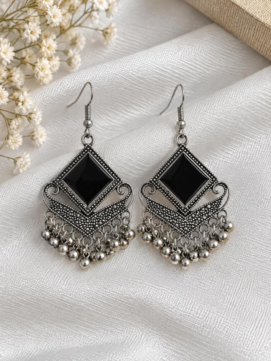 Oxidised Silver Black Stone Dangler Earrings with Beads | Boho Ethnic Jewellery for Women & Girls