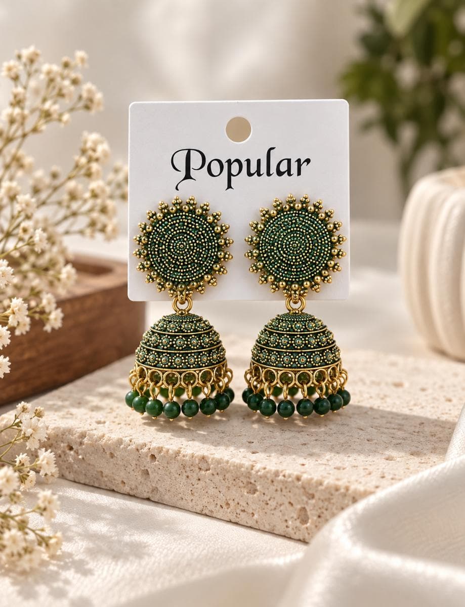 Antique Gold Green Jhumka Earrings with Beads | Traditional Ethnic Jewellery for Women & Girls