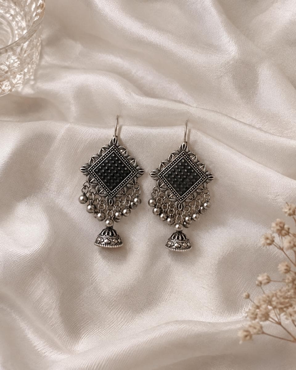 Oxidised Silver Black Stone Jhumka Dangler Earrings | Boho Ethnic Jewellery for Women & Girls