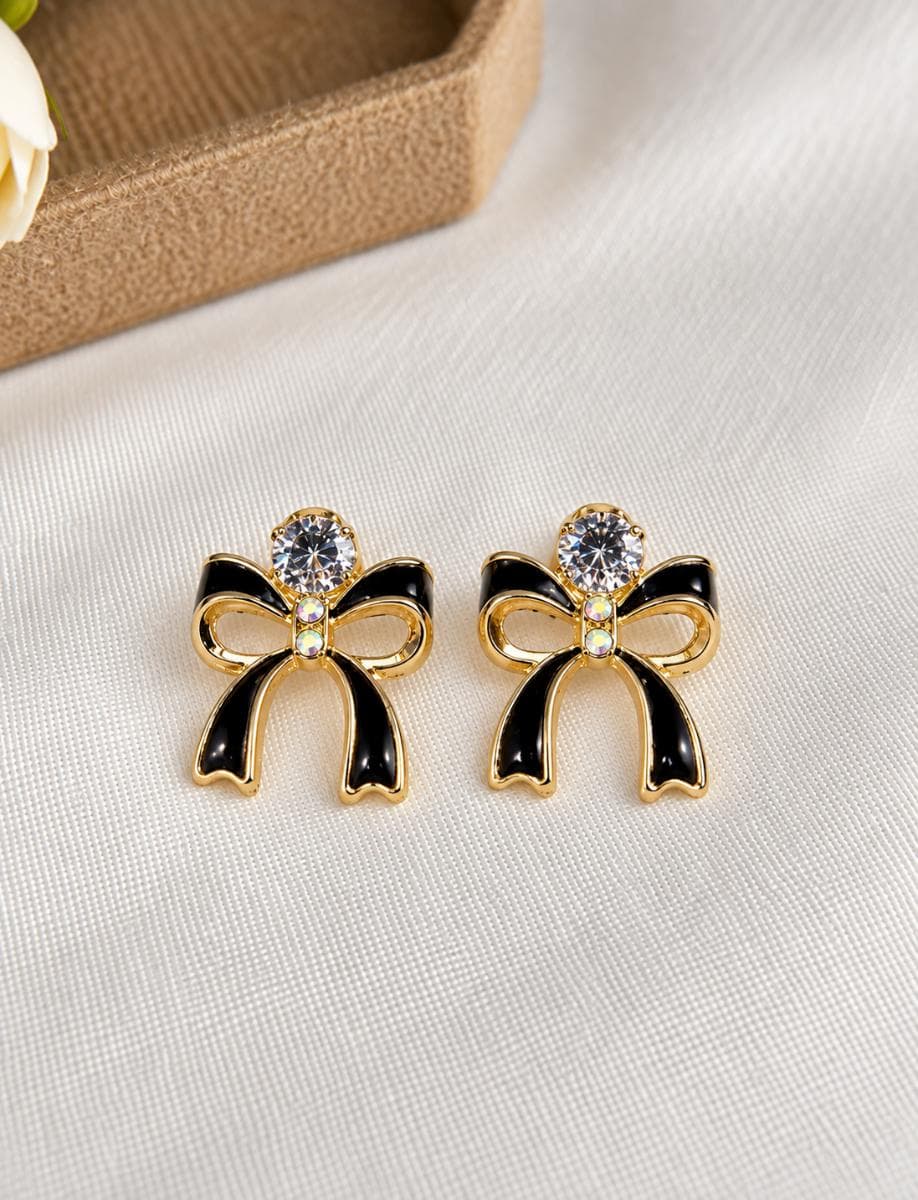 Black Bow Crystal Stud Earrings for Women | Korean Style Gold Plated Cute Earrings