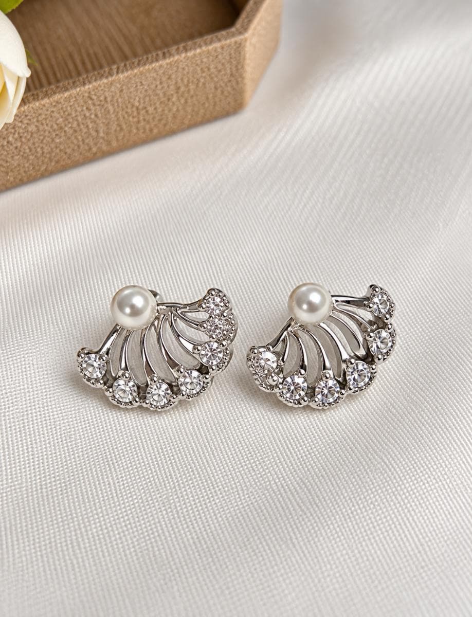 Pearl Fan Crystal Earrings for Women | Luxury Silver Plated Stud Earrings