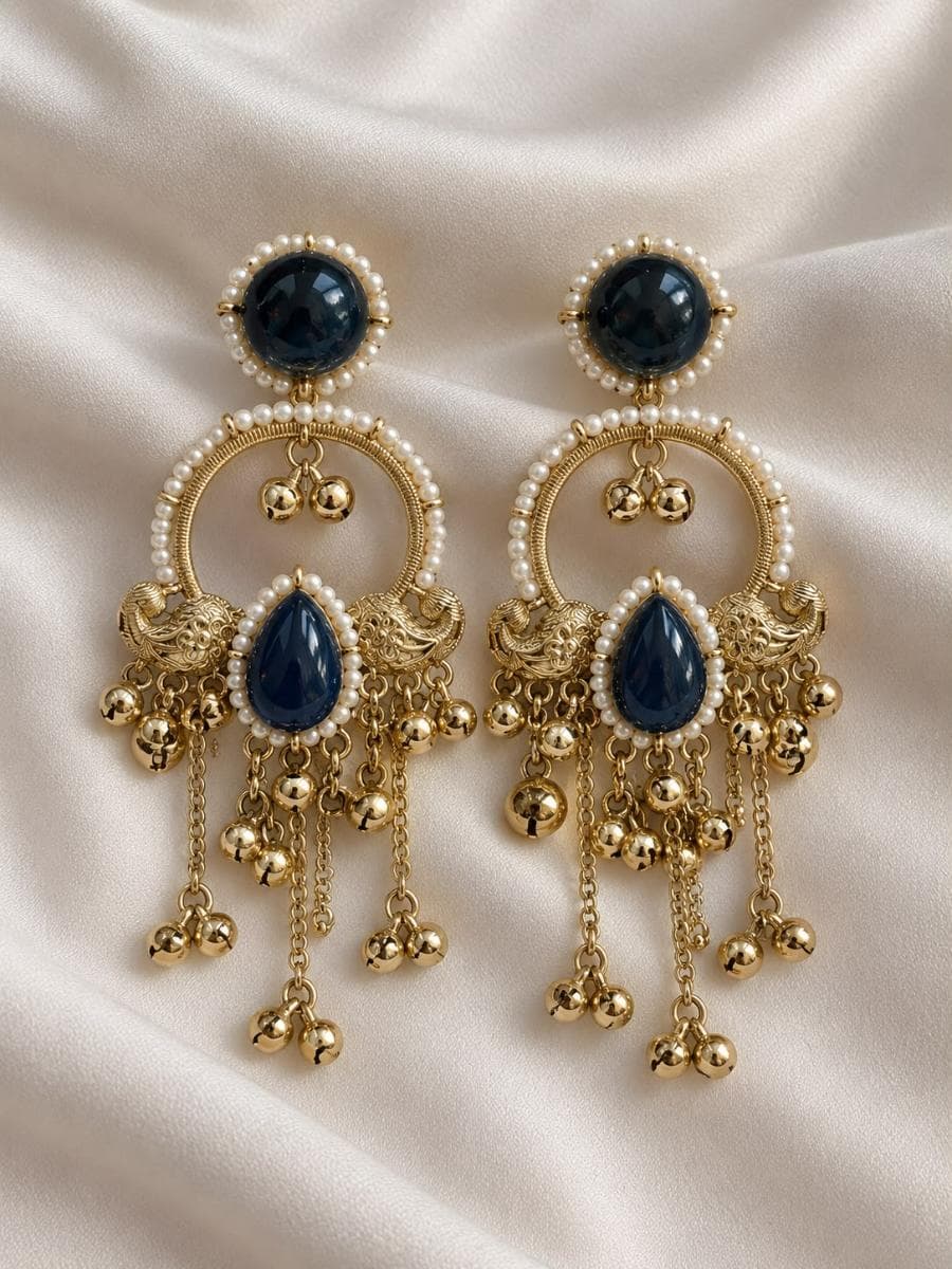 Royal Blue Pearl Drop Chandbali Earrings for Women | Ethnic Gold Plated Statement Earrings