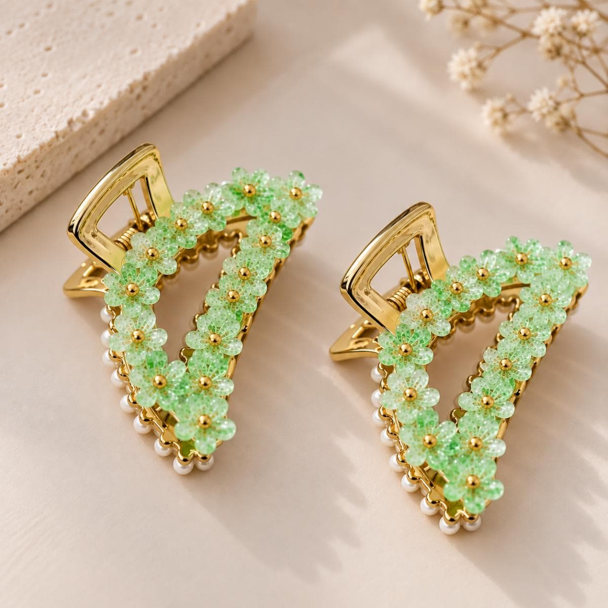 Luxury Green Floral Pearl Hair Claw Clip Set of 2 | Elegant Gold Designer Clutcher