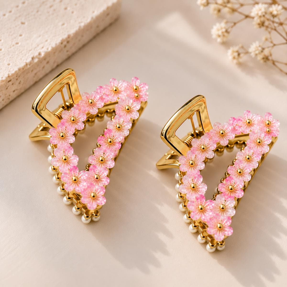 Blush Pink Floral Triangle Hair Claw Clip Pair