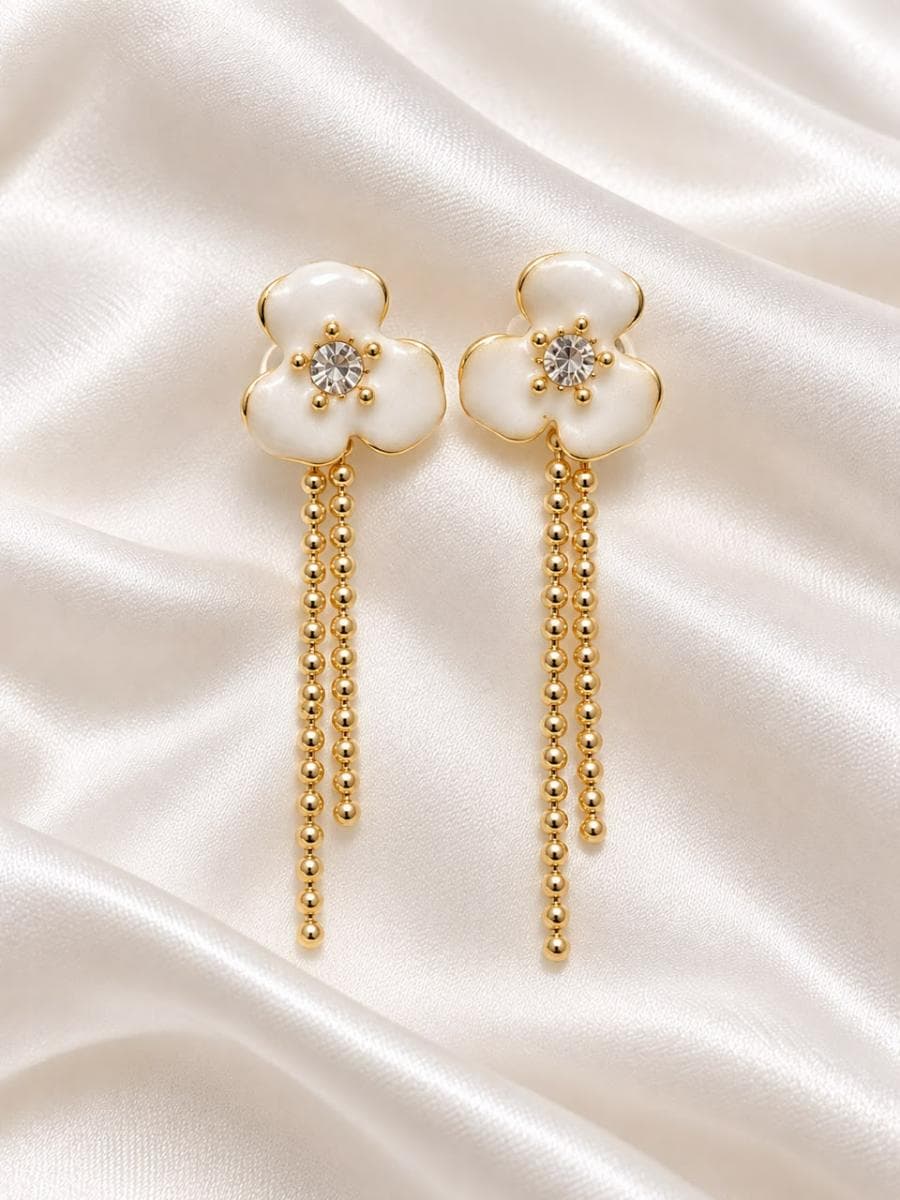 Elegant White Flower Drop Earrings for Girls | Gold Chain Dangle Earrings
