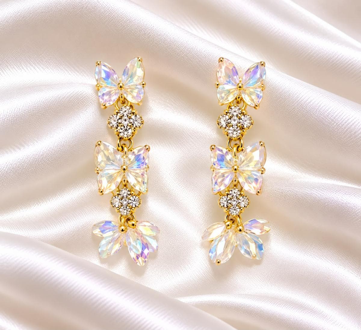 Luxury Butterfly Crystal Drop Earrings – Iridescent Gold Finish