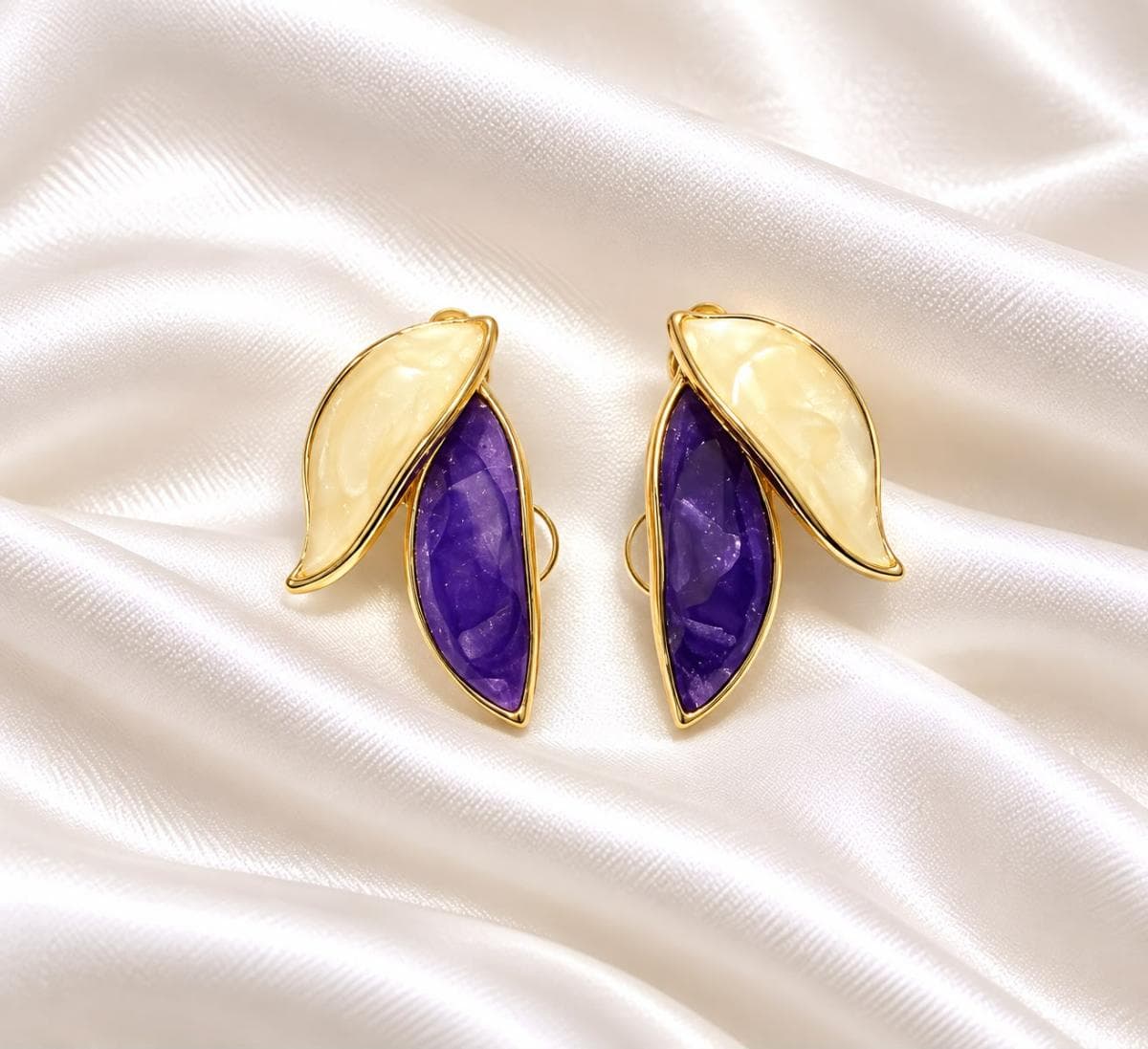 Elegant Dual-Tone Leaf Earrings (Purple & Ivory)