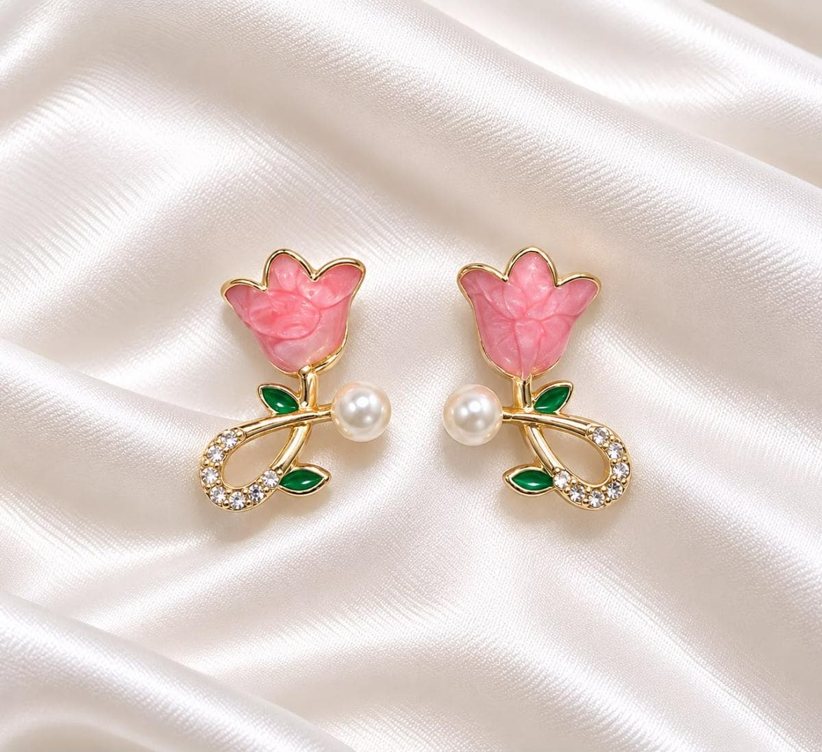 Pink Floral Pearl Stud Earrings