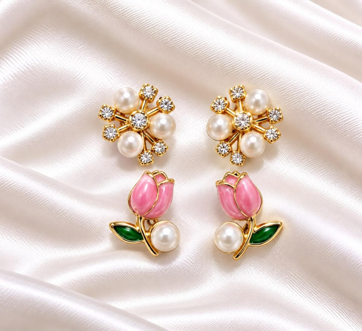 Floral Pearl Drop Earrings – Pink Rose & Crystal Flower Design