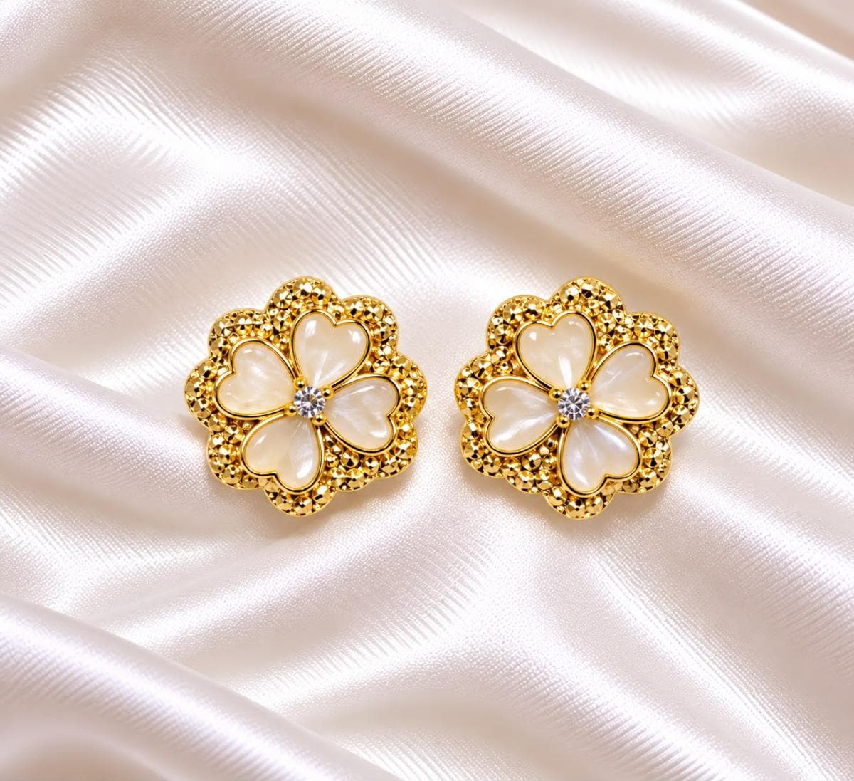 Golden Floral Pearl Stud Earrings – Elegant Blossom Design