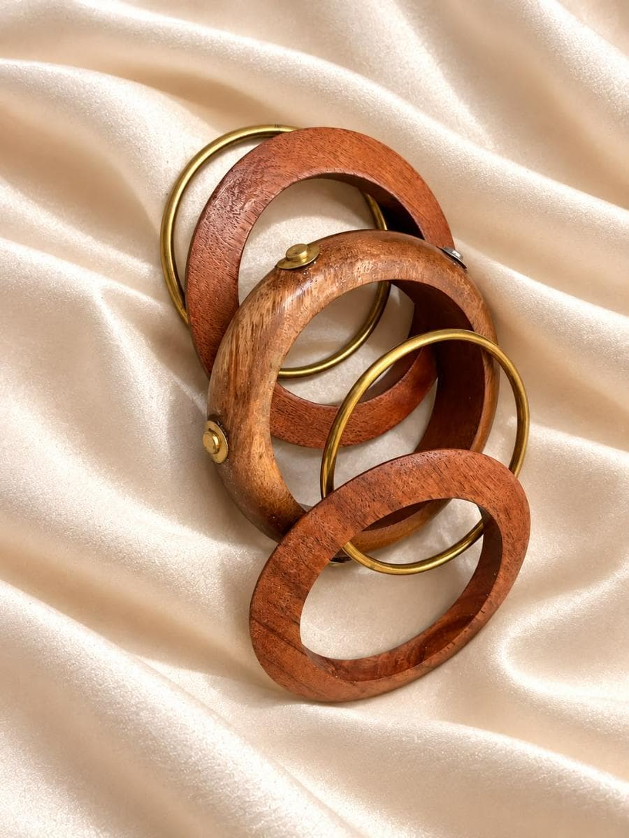 Premium Wooden & Gold Tone Bangle Set for Women