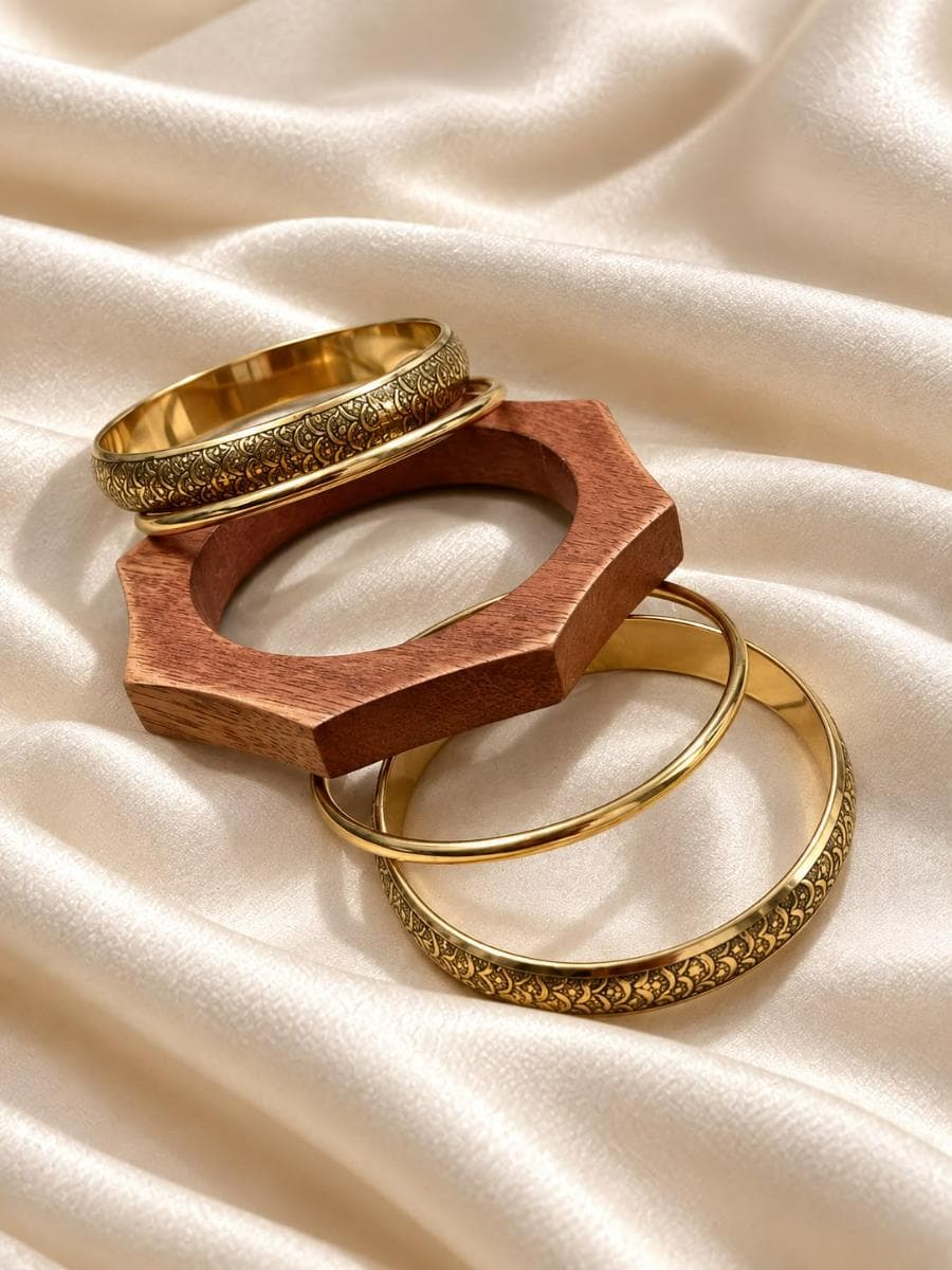 Designer Hexagon Wooden & Gold Engraved Bangle Set for Women