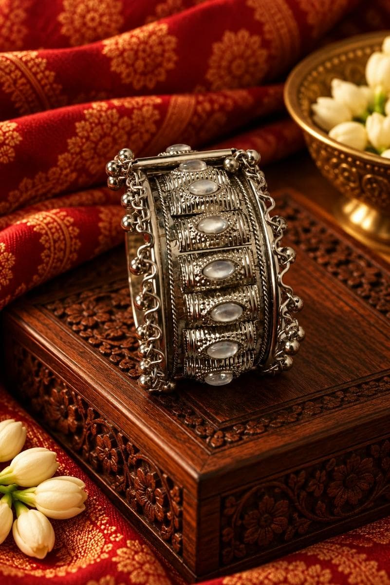 Oxidised Silver Pearl Stone Statement Kada