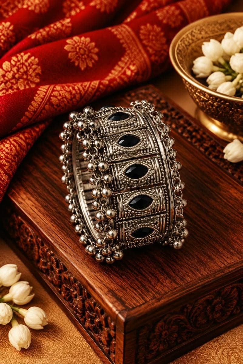 Oxidised Silver Black Stone Ghungroo Kada