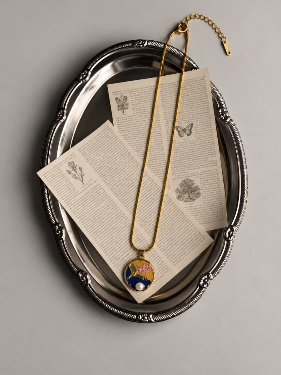 Gold-Tone Floral Enamel Pearl Pendant Necklace