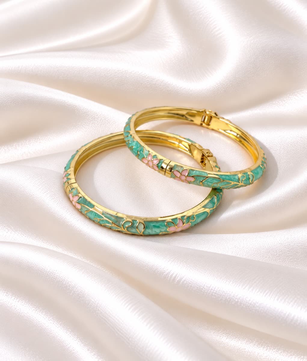 Mint Green Floral Gold-Tone Bangles – Set of 1