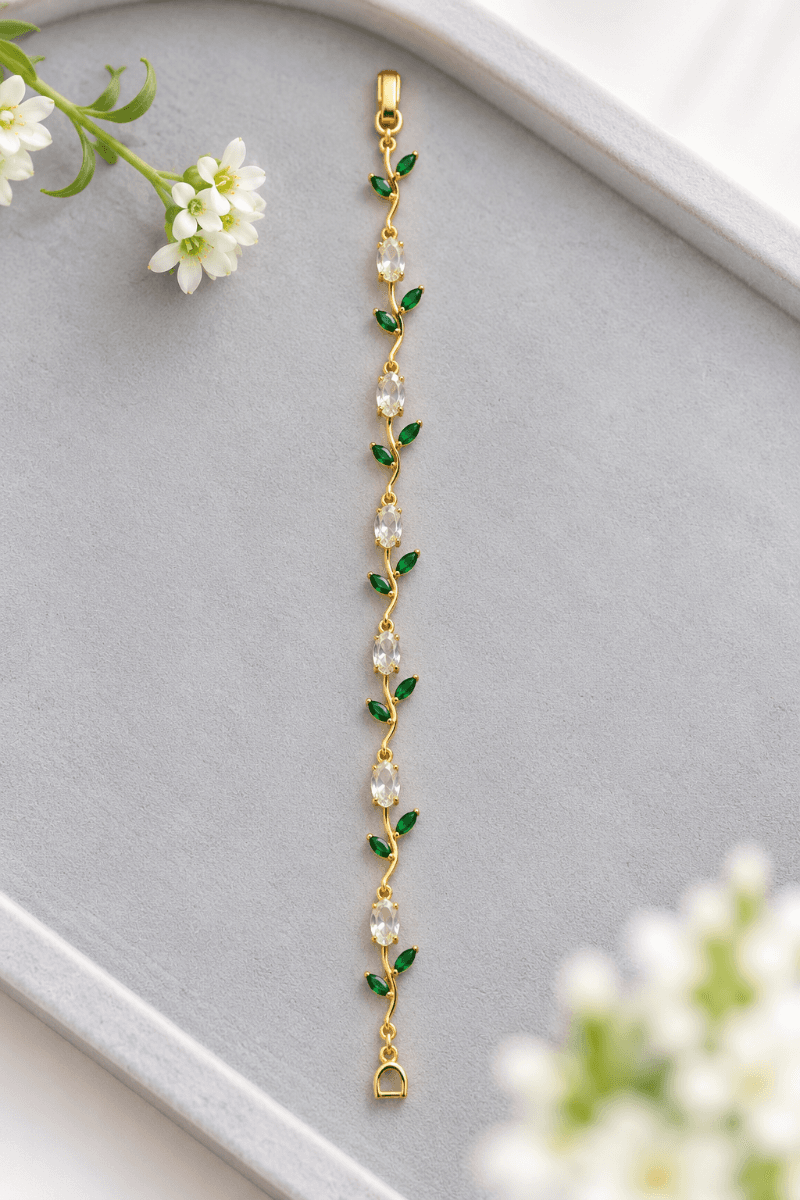 Gold-Tone Green Leaf Crystal Bracelet for Women