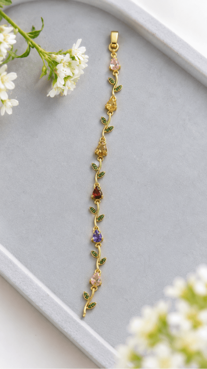 Multicolour Teardrop Green Leaf Gold-Tone Bracelet for Women