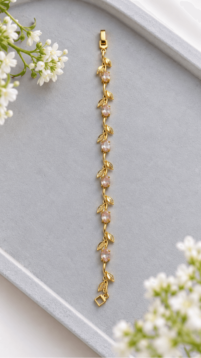 Pink Crystal Gold-Tone Leaf Vine Bracelet for Women