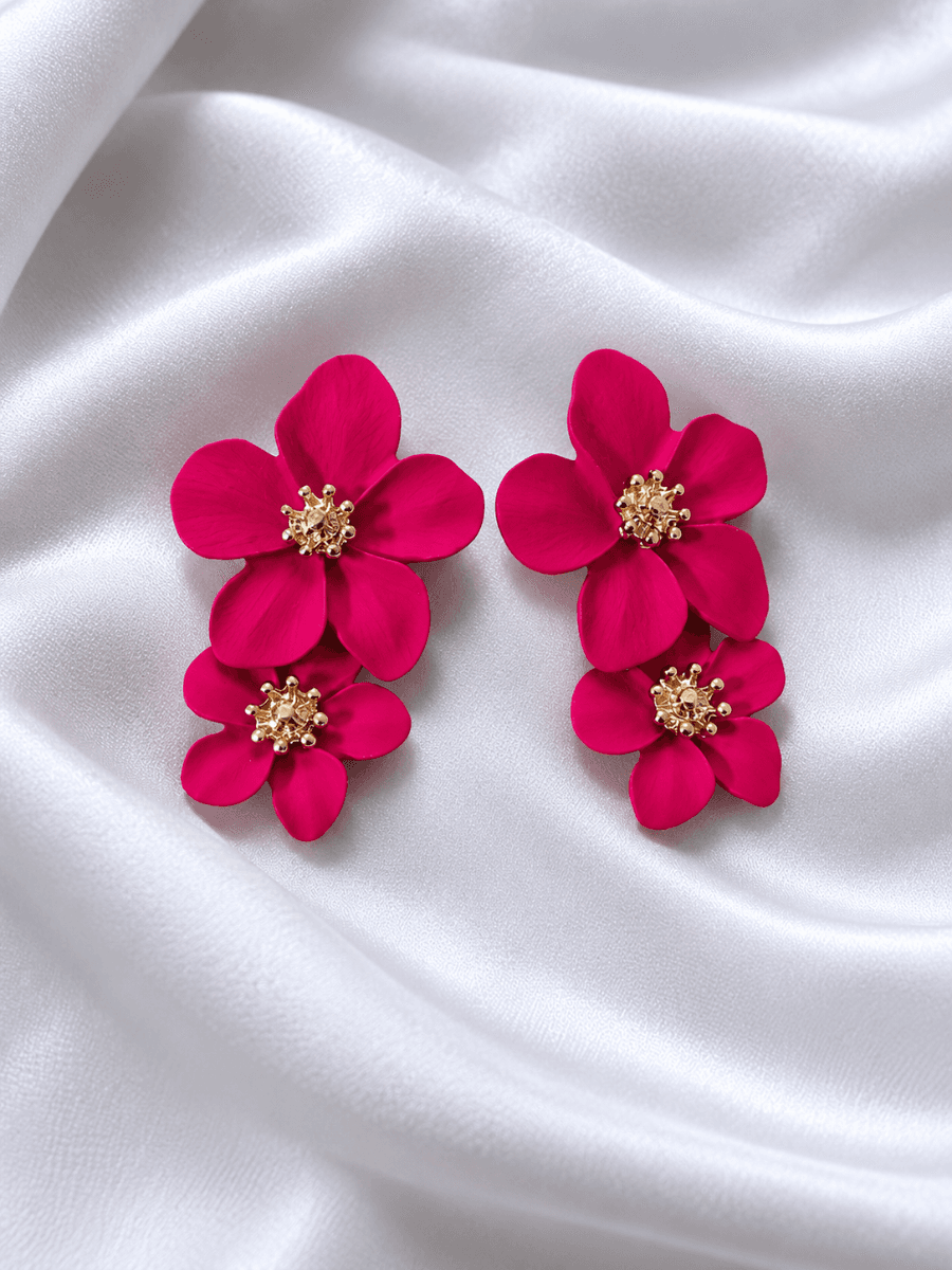 Fuchsia Pink Double Floral Drop Earrings for Women