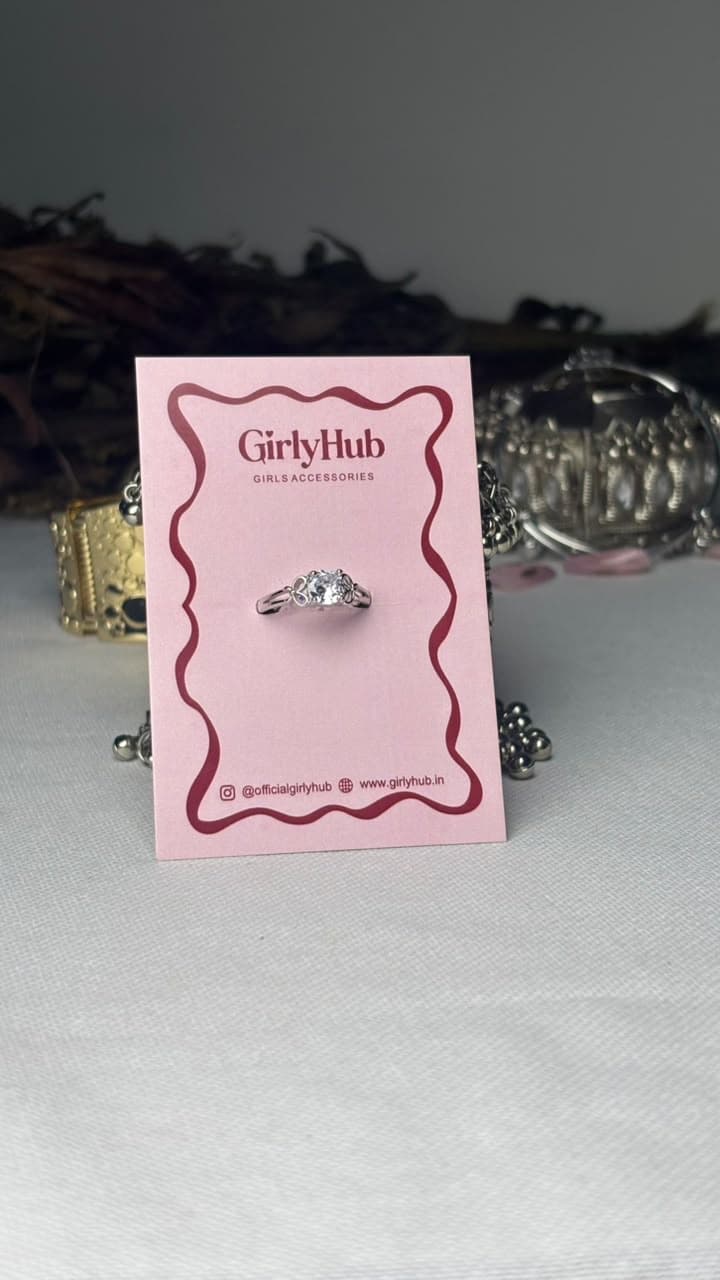 Silver-Tone Round Crystal Ring with Decorative Band