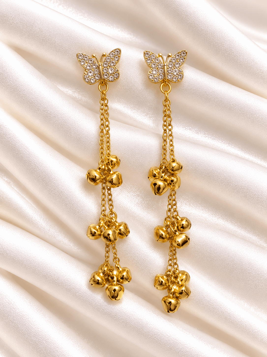 Gold Butterfly Bell Charm Long Drop Earrings – Anti-Tarnish