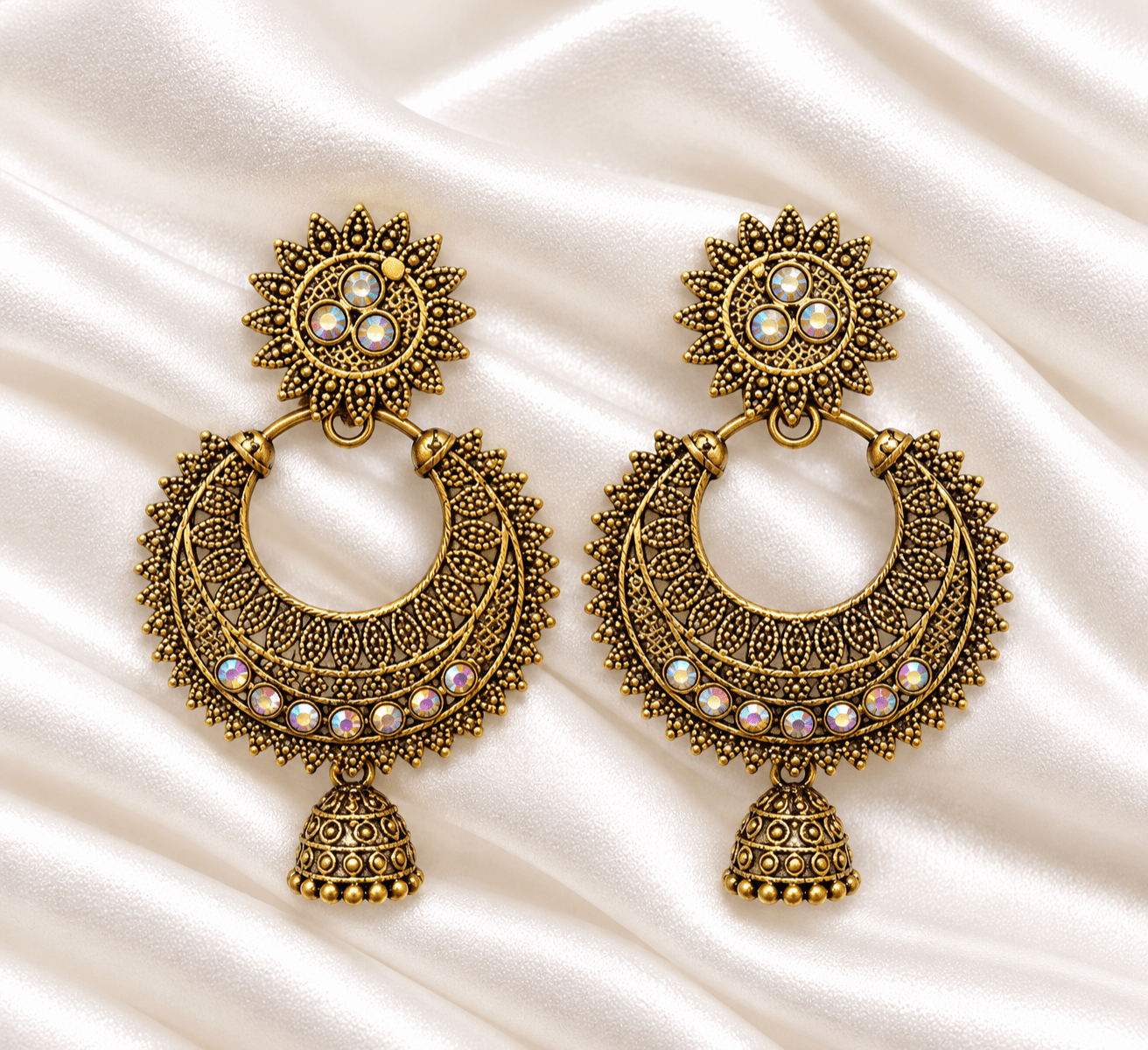 Antique Gold Chandbali Jhumka Earrings with Multicolour Stones