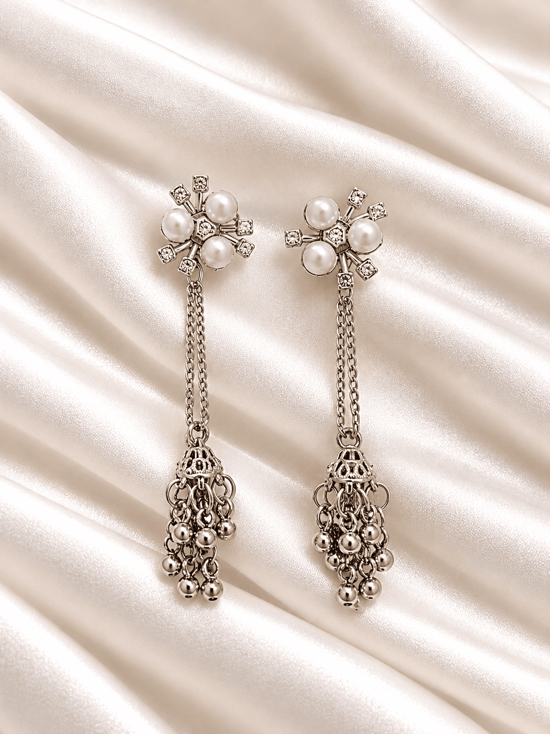 Silver-Tone Pearl & Crystal Chain Jhumka Earrings