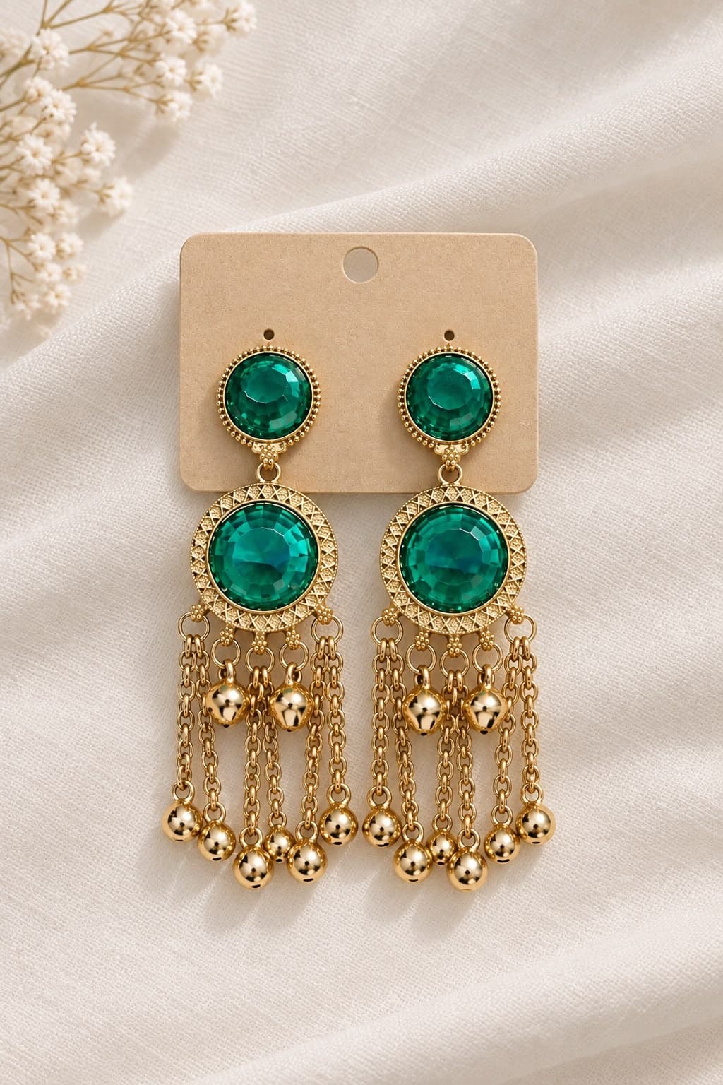 Emerald Green Stone Gold-Tone Chain Drop Earrings