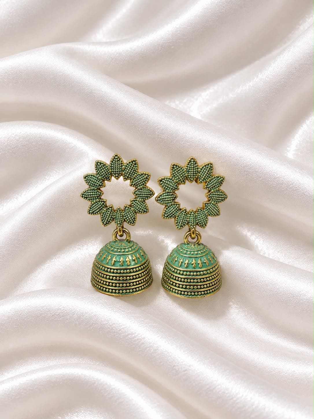 Green Floral Antique Gold Jhumka Earrings