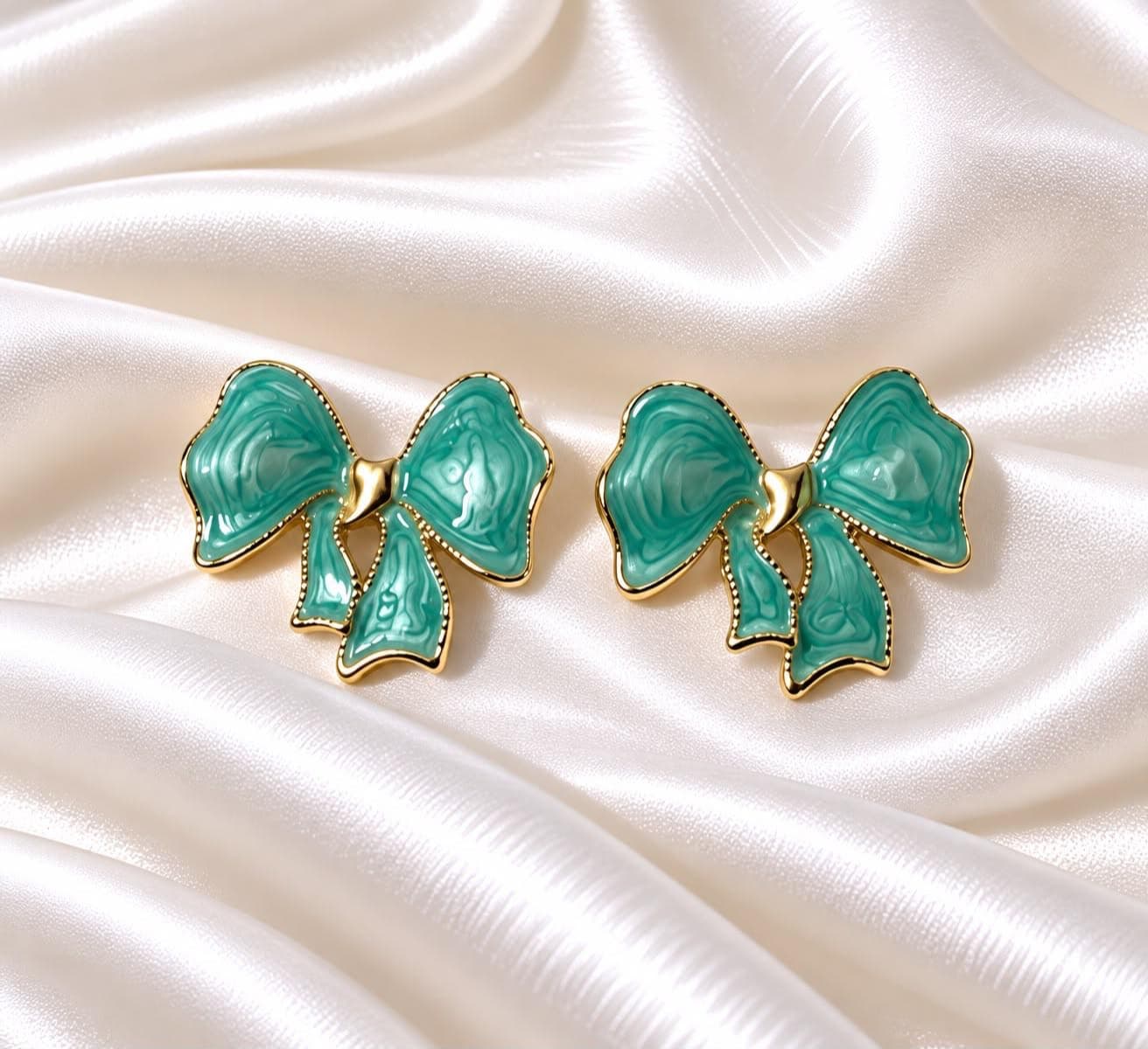 Aqua Green Bow Stud Earrings with Gold-Tone Finish