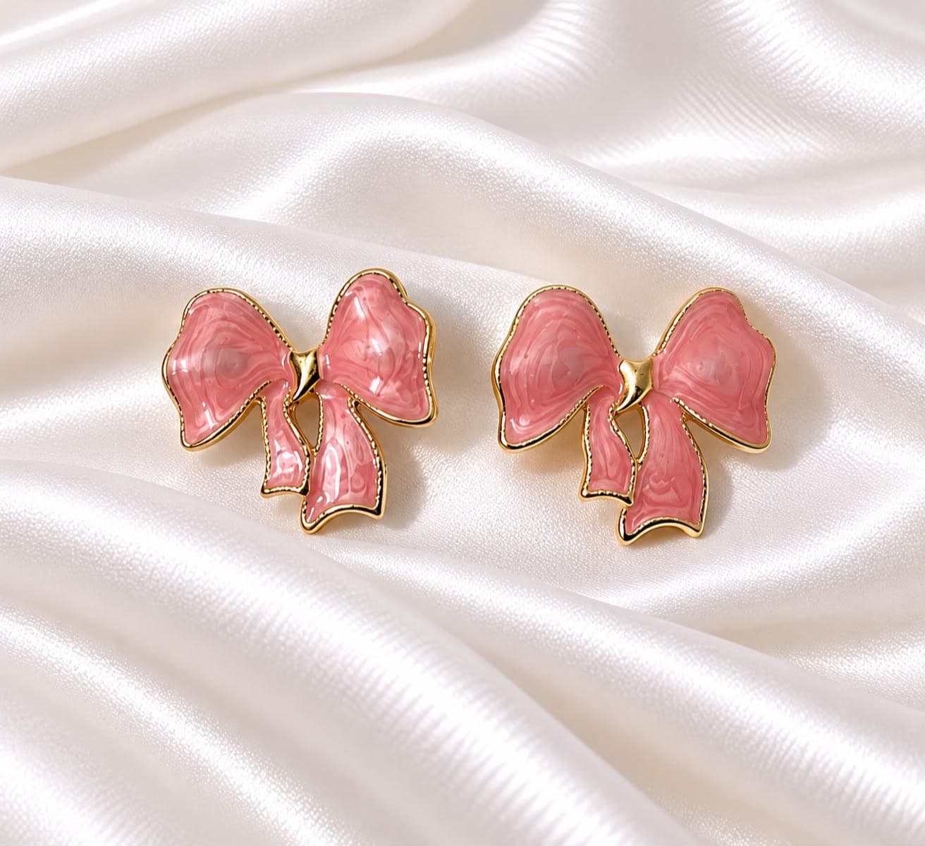 Dusty Pink Enamel Bow Stud Earrings for Women